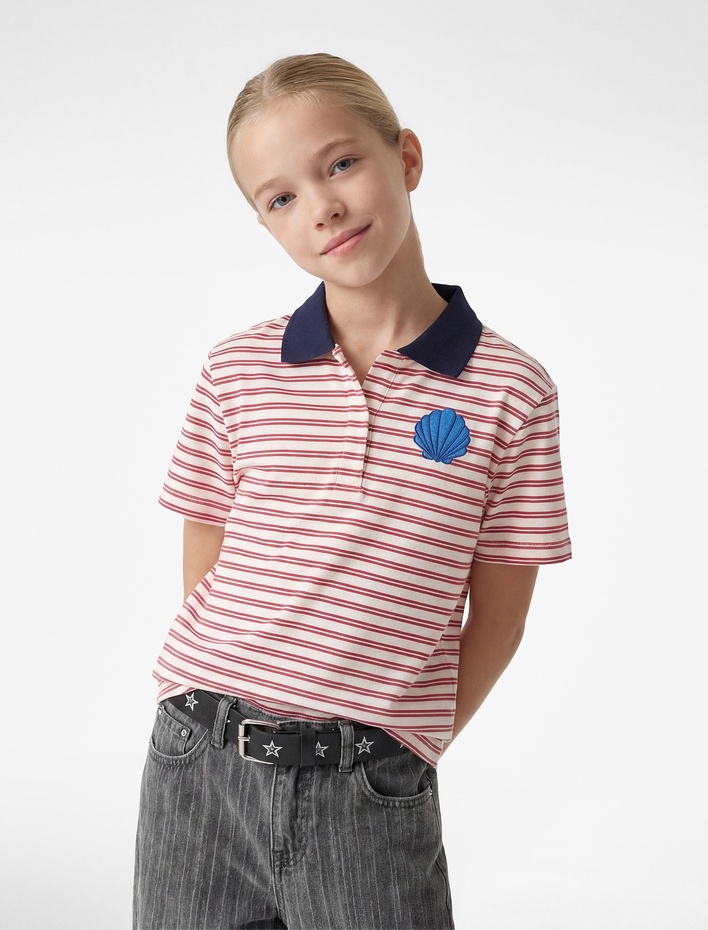 Kız Çocuk Nakış Detaylı Kısa Kollu Pamuklu Renk Kontrastlı Polo Yaka Crop Tişört