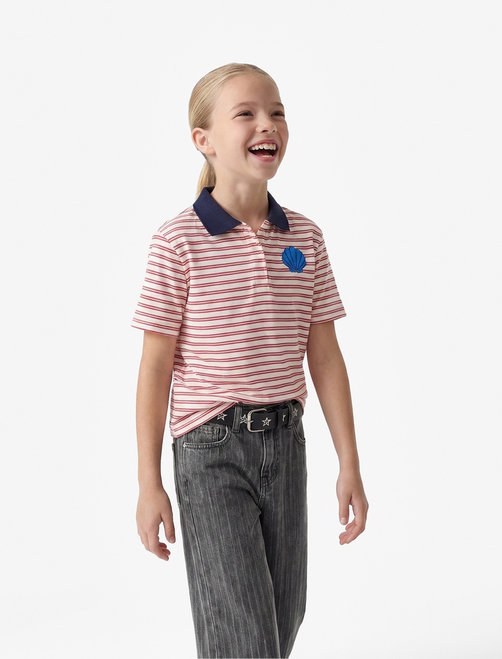 Kız Çocuk Nakış Detaylı Kısa Kollu Pamuklu Renk Kontrastlı Polo Yaka Crop Tişört