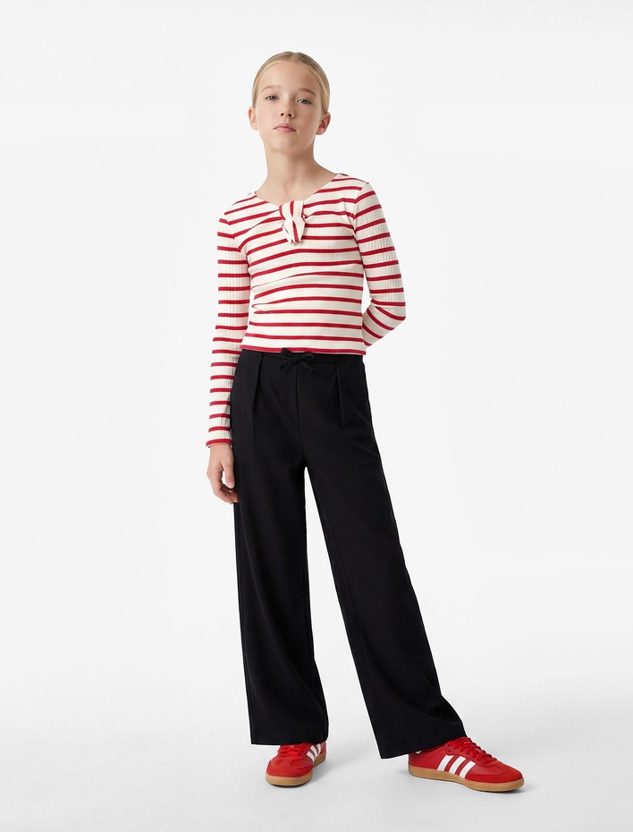 Kız Çocuk Uzun Kollu Pamuklu Kurdele Detaylı V Yaka Çizgili Tişört