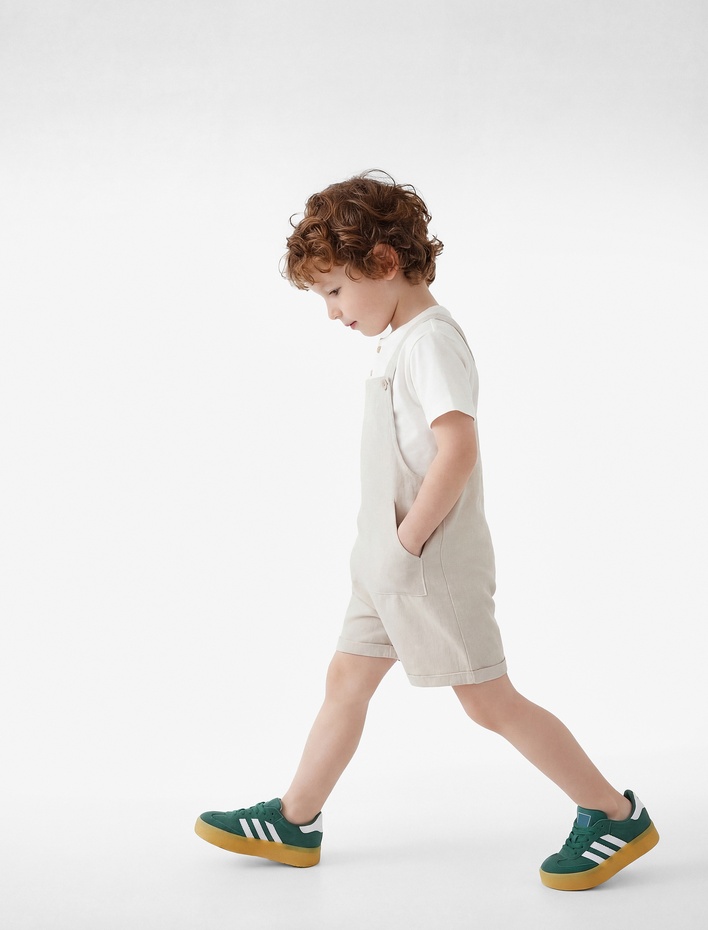 Erkek Bebek Askılı Kanguru Cepli Düğmeli Keten Viskon Karışımlı Kare Yaka Tulum