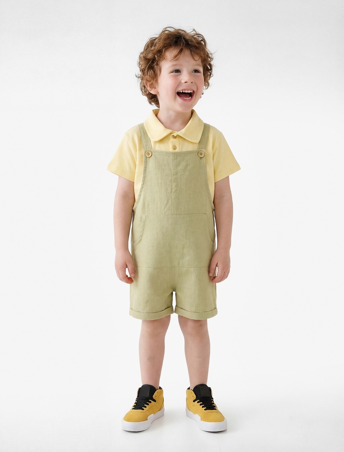 Erkek Bebek Askılı Kanguru Cepli Düğmeli Keten Viskon Karışımlı Kare Yaka Tulum