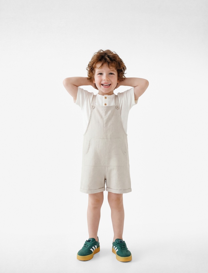 Erkek Bebek Askılı Kanguru Cepli Düğmeli Keten Viskon Karışımlı Kare Yaka Tulum