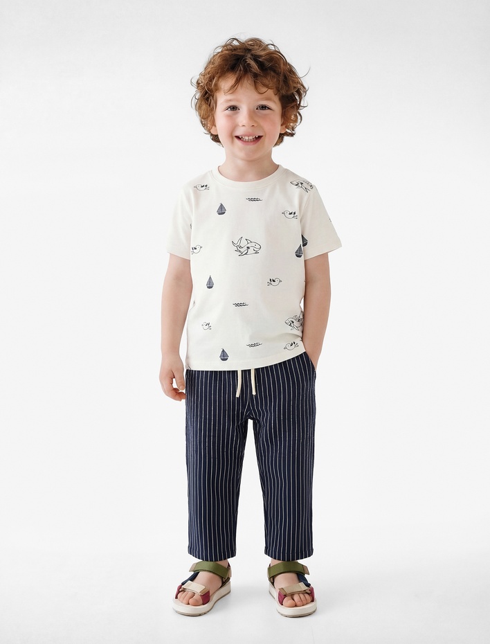 Erkek Bebek Pamuklu Kısa Kollu Bisiklet Yaka Baskılı Tişört