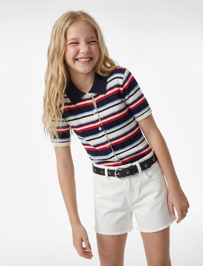 Kız Çocuk Düğmeli Viskon Karışımlı Çizgili Kısa Kollu Triko Gömlek