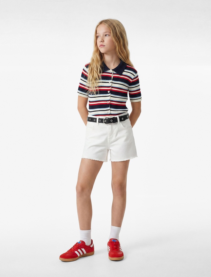 Kız Çocuk Düğmeli Viskon Karışımlı Çizgili Kısa Kollu Triko Gömlek