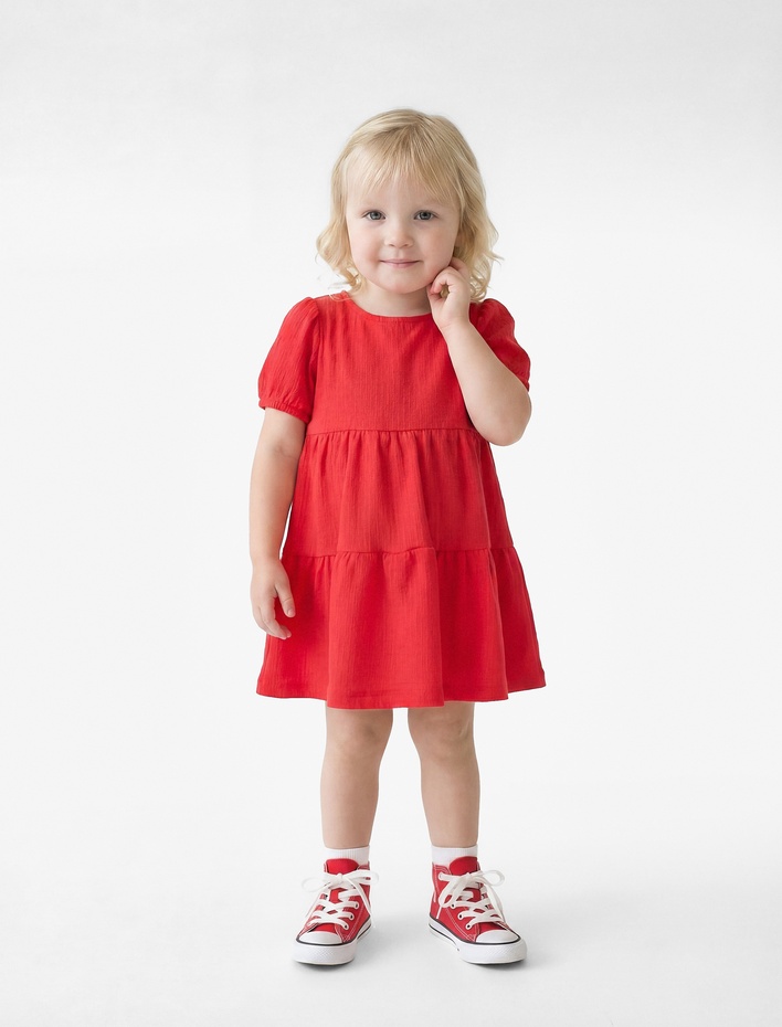 Kız Bebek Bisiklet Yaka Kat Detaylı Balon Kollu Elbise