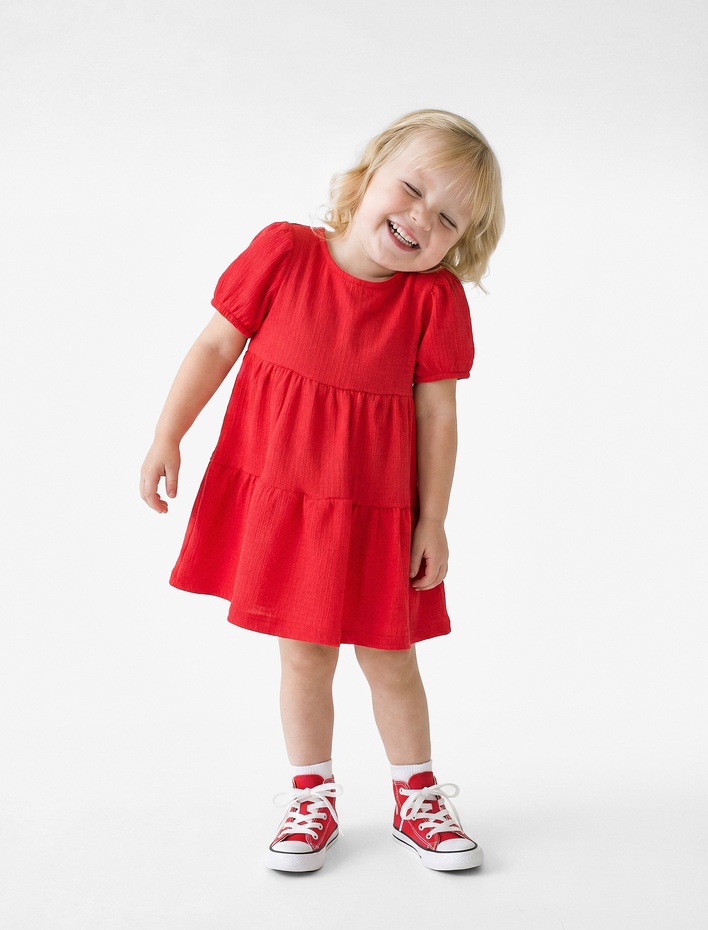 Kız Bebek Bisiklet Yaka Kat Detaylı Balon Kollu Elbise