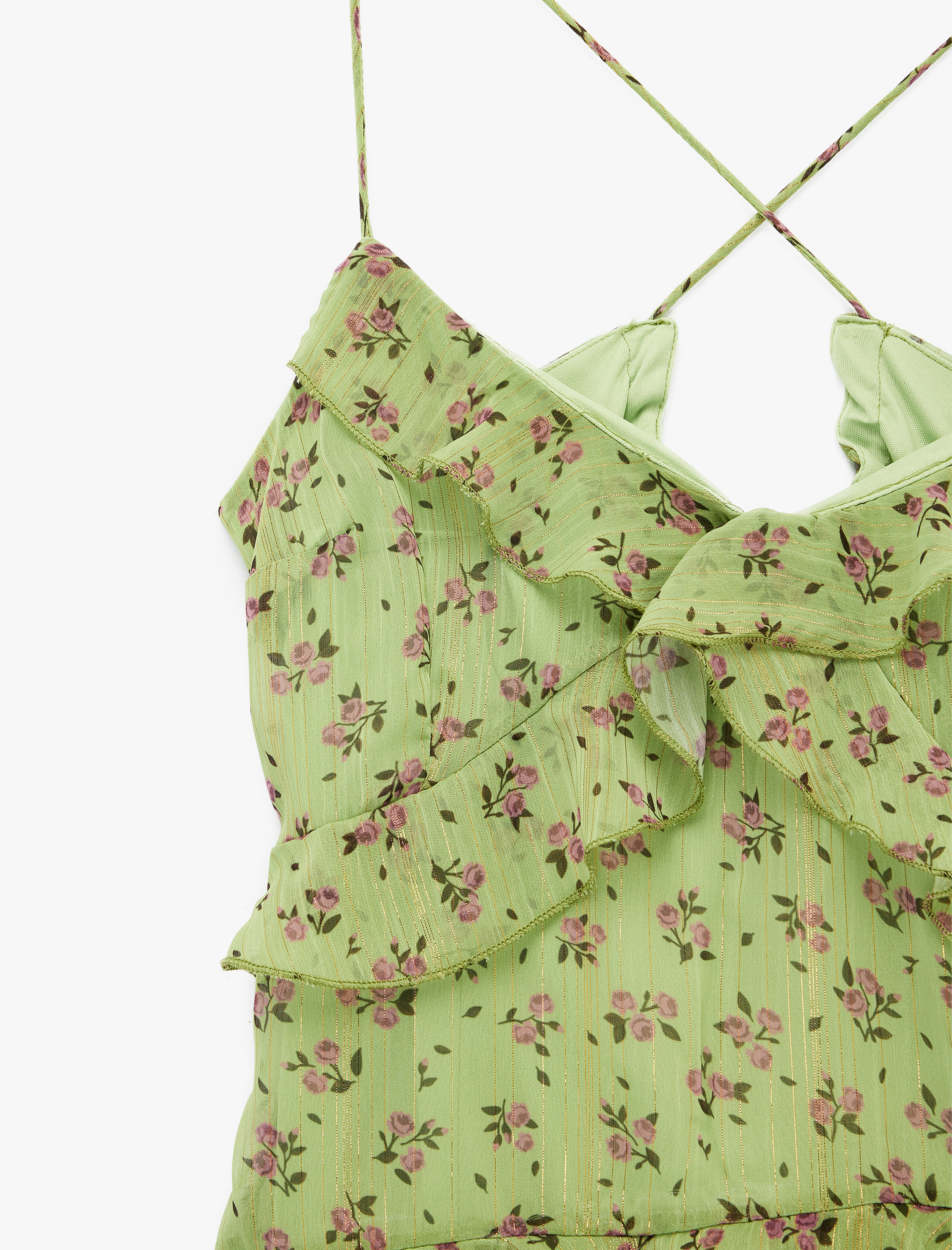 V Yaka Çapraz Askılı Fırfırlı A Kesim Yırtmaçlı Tül Uzun Çiçekli Elbise - Görsel 5