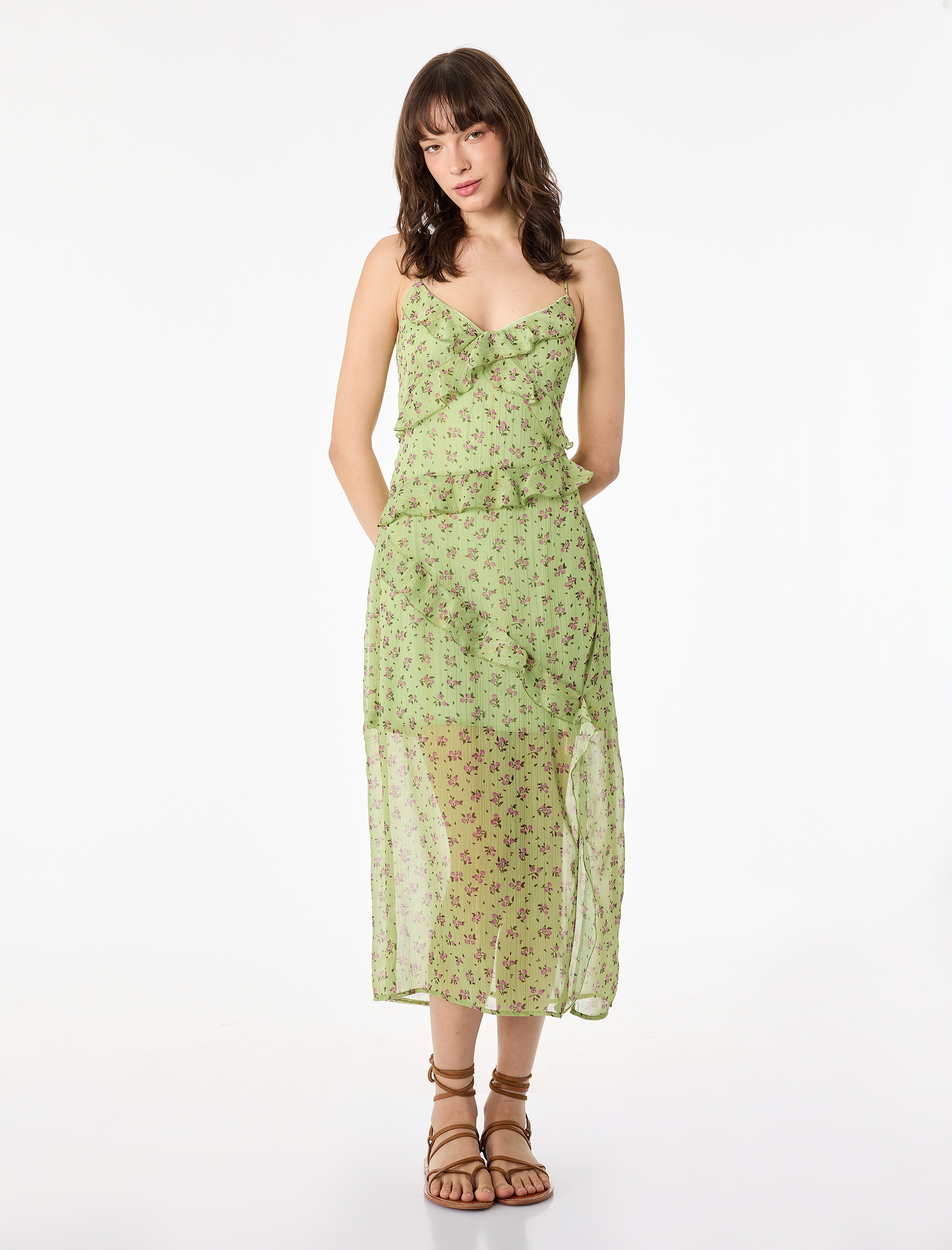 V Yaka Çapraz Askılı Fırfırlı A Kesim Yırtmaçlı Tül Uzun Çiçekli Elbise