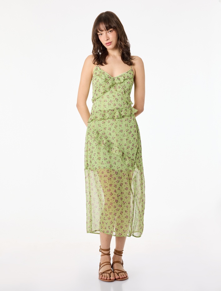  V Yaka Çapraz Askılı Fırfırlı A Kesim Yırtmaçlı Tül Uzun Çiçekli Elbise