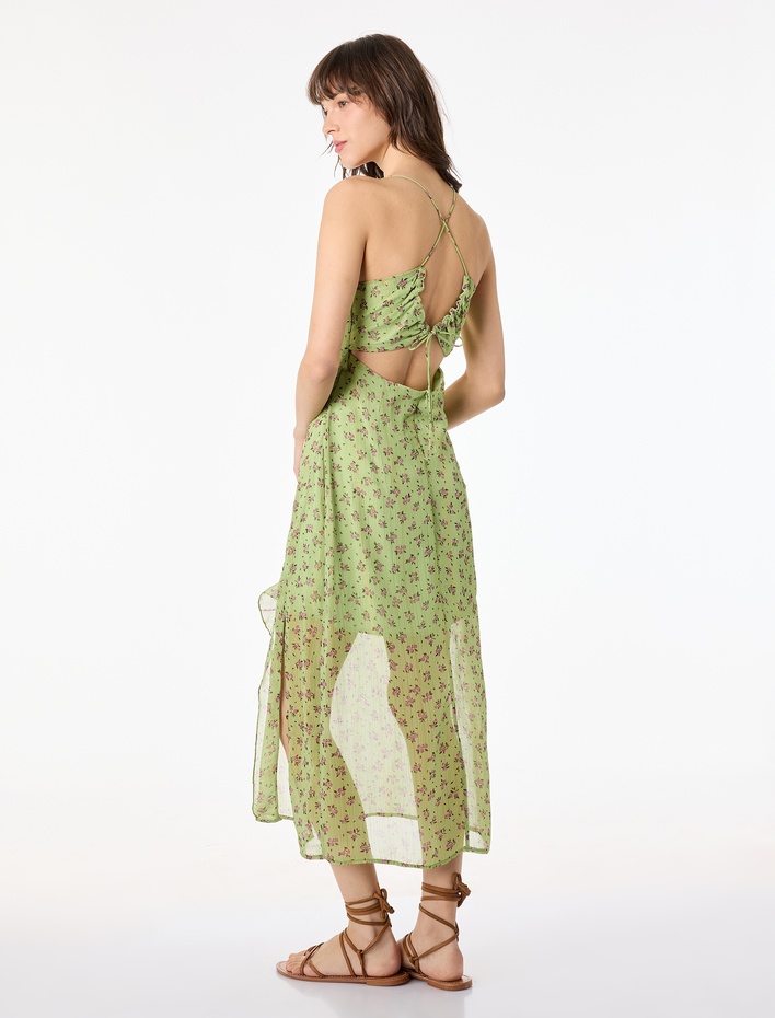  V Yaka Çapraz Askılı Fırfırlı A Kesim Yırtmaçlı Tül Uzun Çiçekli Elbise