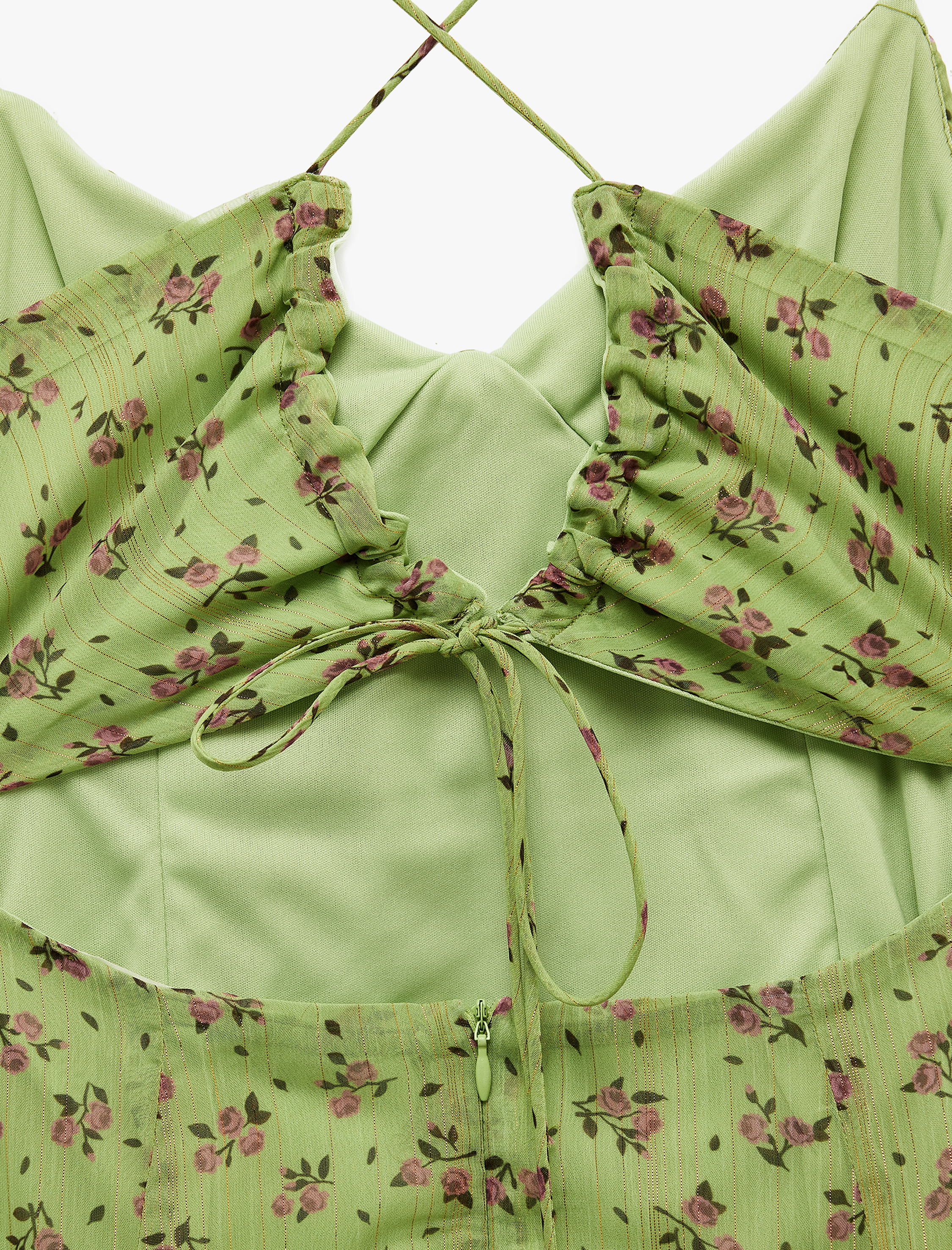 V Yaka Çapraz Askılı Fırfırlı A Kesim Yırtmaçlı Tül Uzun Çiçekli Elbise - Görsel 6