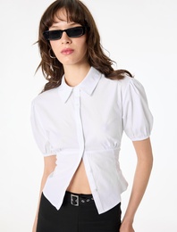 Pamuklu Slim Fit Kısa Balon Kollu Klasik Yaka Crop Bluz