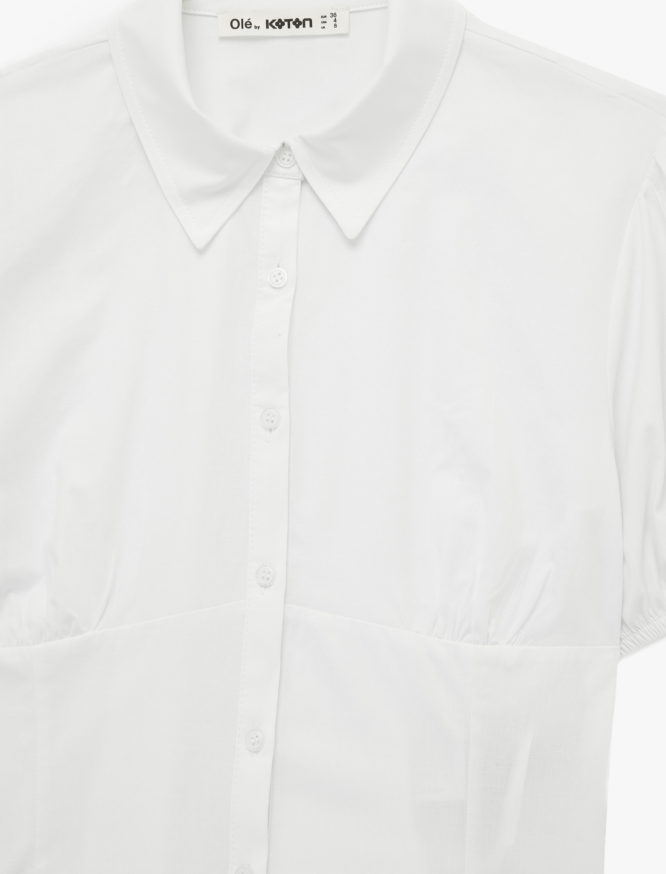 Pamuklu Slim Fit Kısa Balon Kollu Klasik Yaka Crop Bluz - Görsel 5