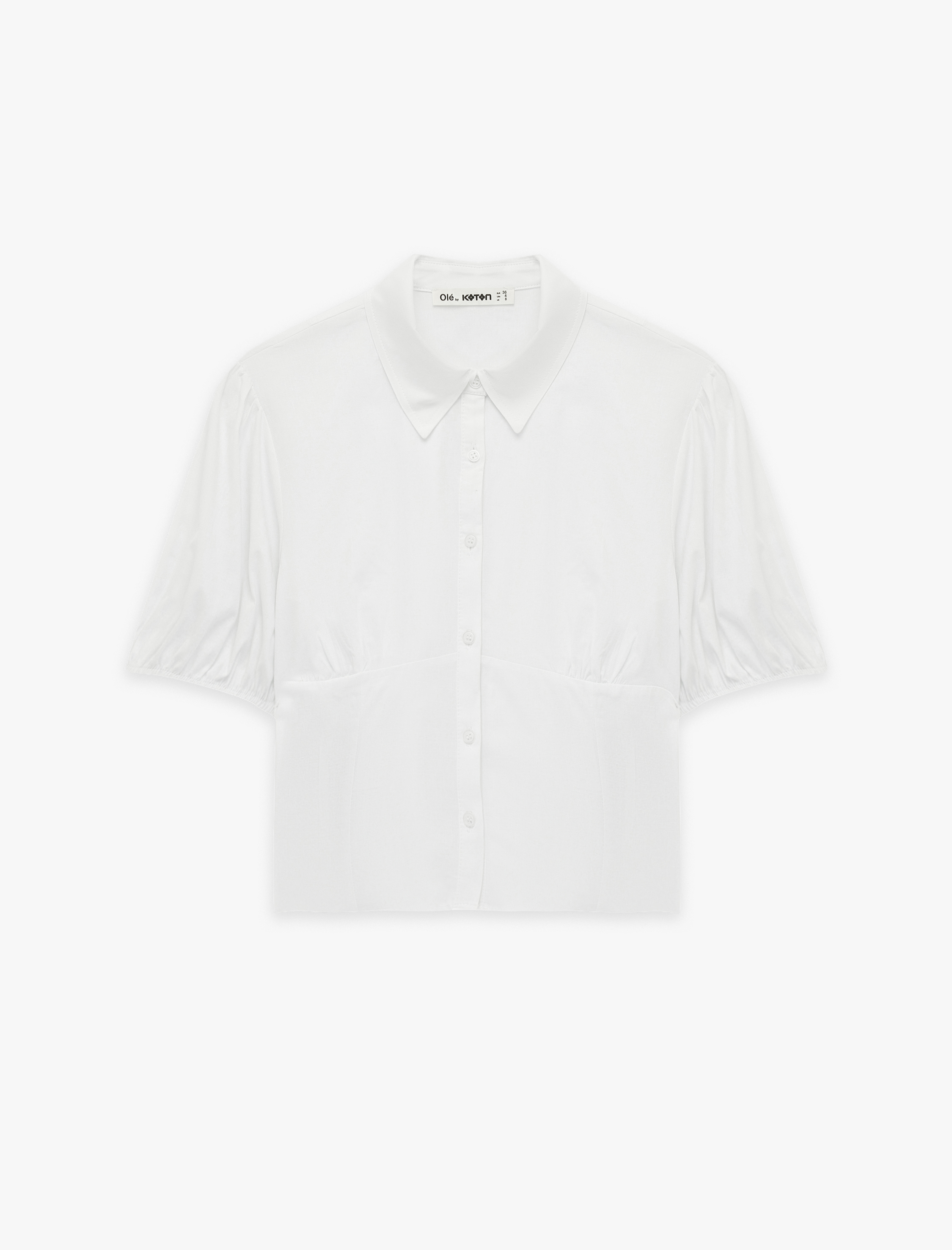 Pamuklu Slim Fit Kısa Balon Kollu Klasik Yaka Crop Bluz - Görsel 3