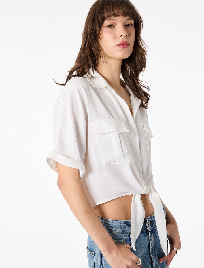  Aerobin Kumaş Rahat Kalıp Kısa Kollu Bağlama Detaylı Cepli Yazlık Gömlek
