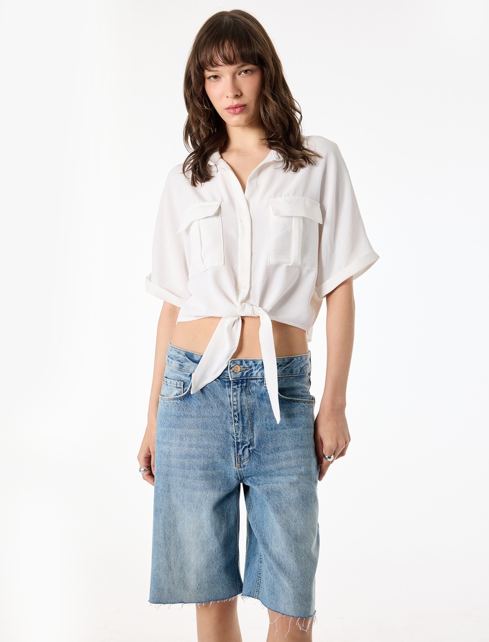  Aerobin Kumaş Rahat Kalıp Kısa Kollu Bağlama Detaylı Cepli Yazlık Gömlek