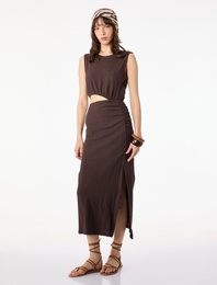 Pamuklu Pencere Detaylı Kolsuz Bisiklet Yaka Midi Slip Elbise