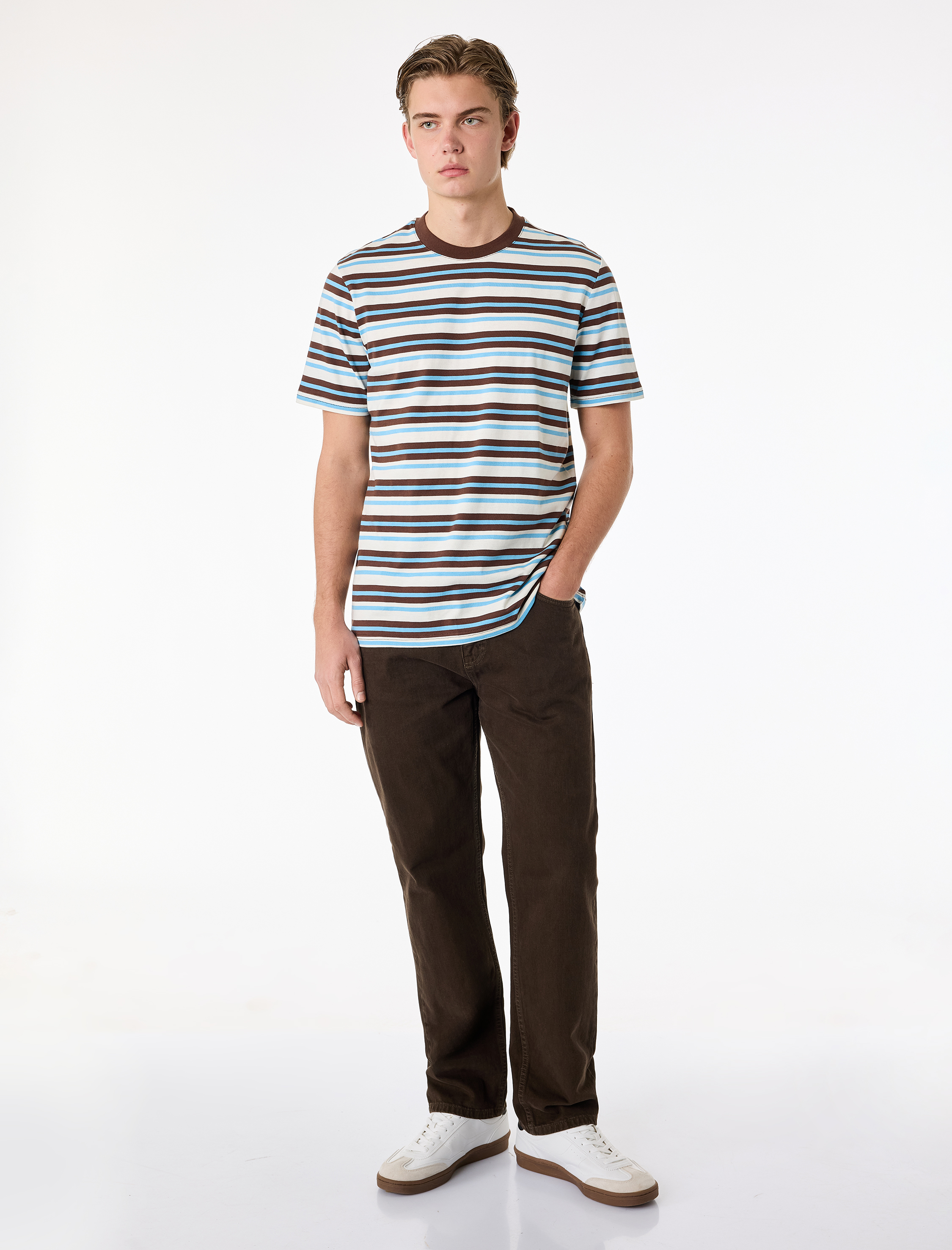   Regular Fit Kısa Kollu Bisiklet Yaka Pamuklu Çizgili Tişört