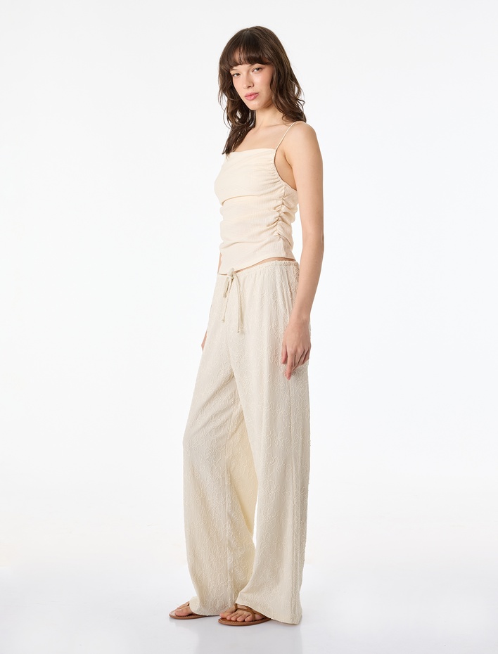  Beli Bağcıklı Düz Paça Brodeli Bürümcük Pantolon