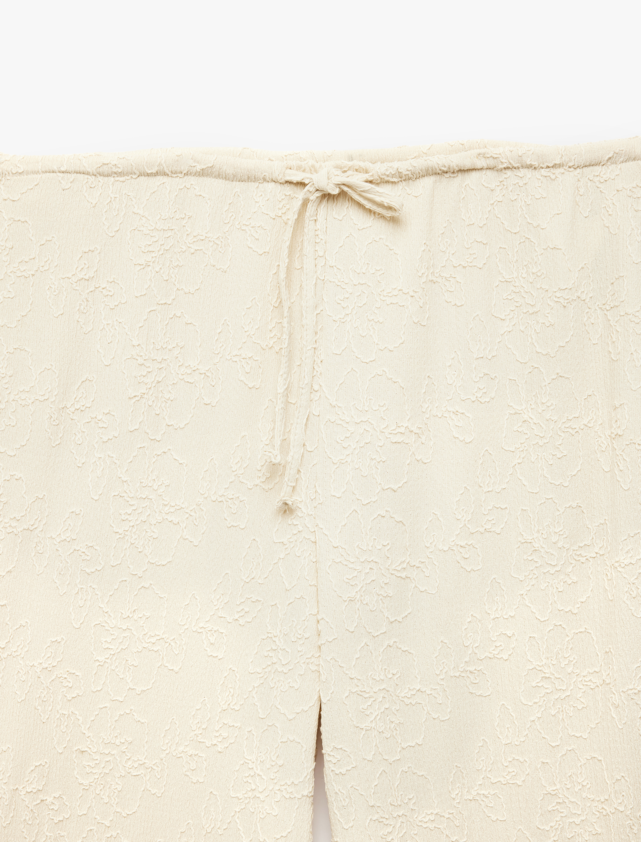   Beli Bağcıklı Düz Paça Brodeli Bürümcük Pantolon