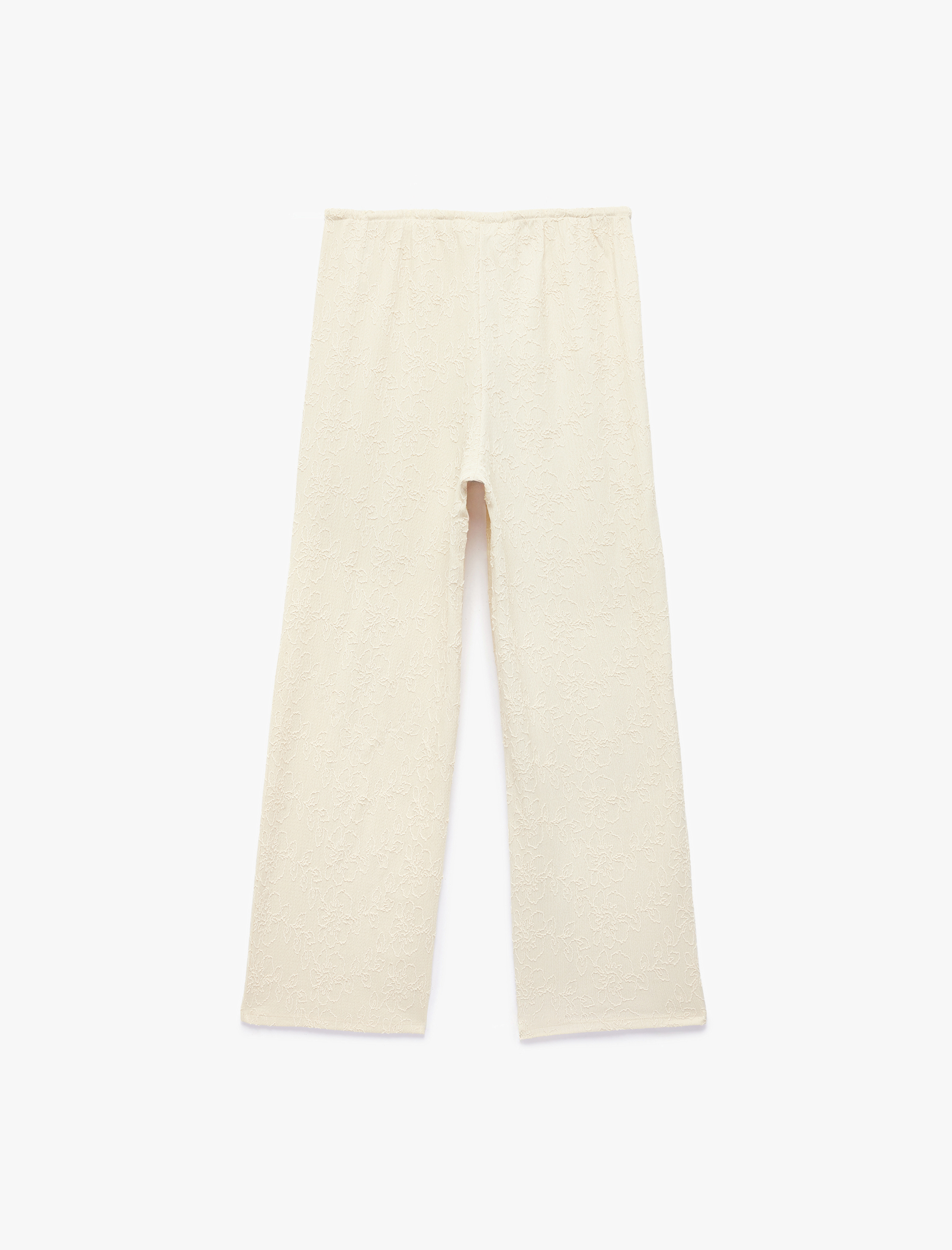   Beli Bağcıklı Düz Paça Brodeli Bürümcük Pantolon