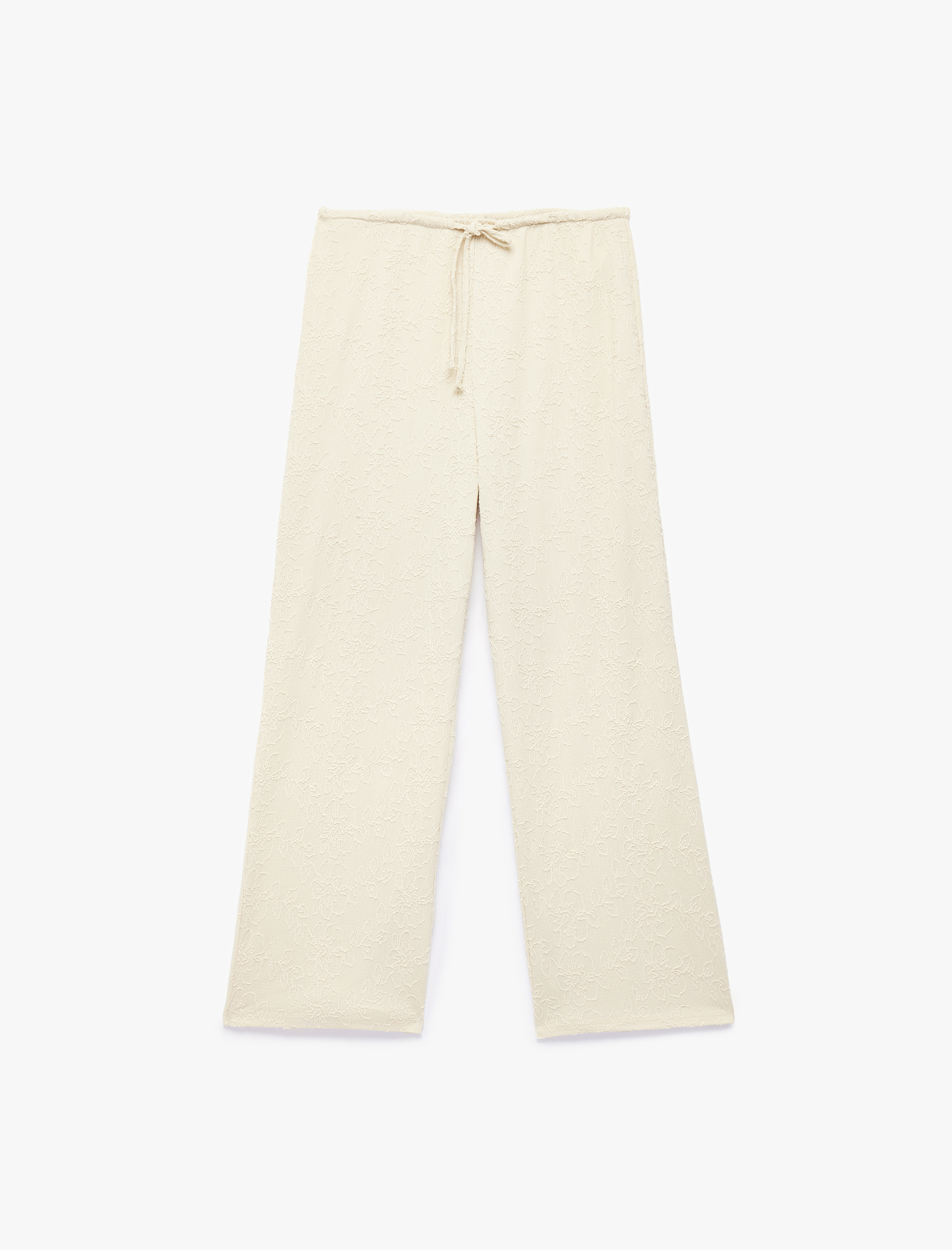   Beli Bağcıklı Düz Paça Brodeli Bürümcük Pantolon