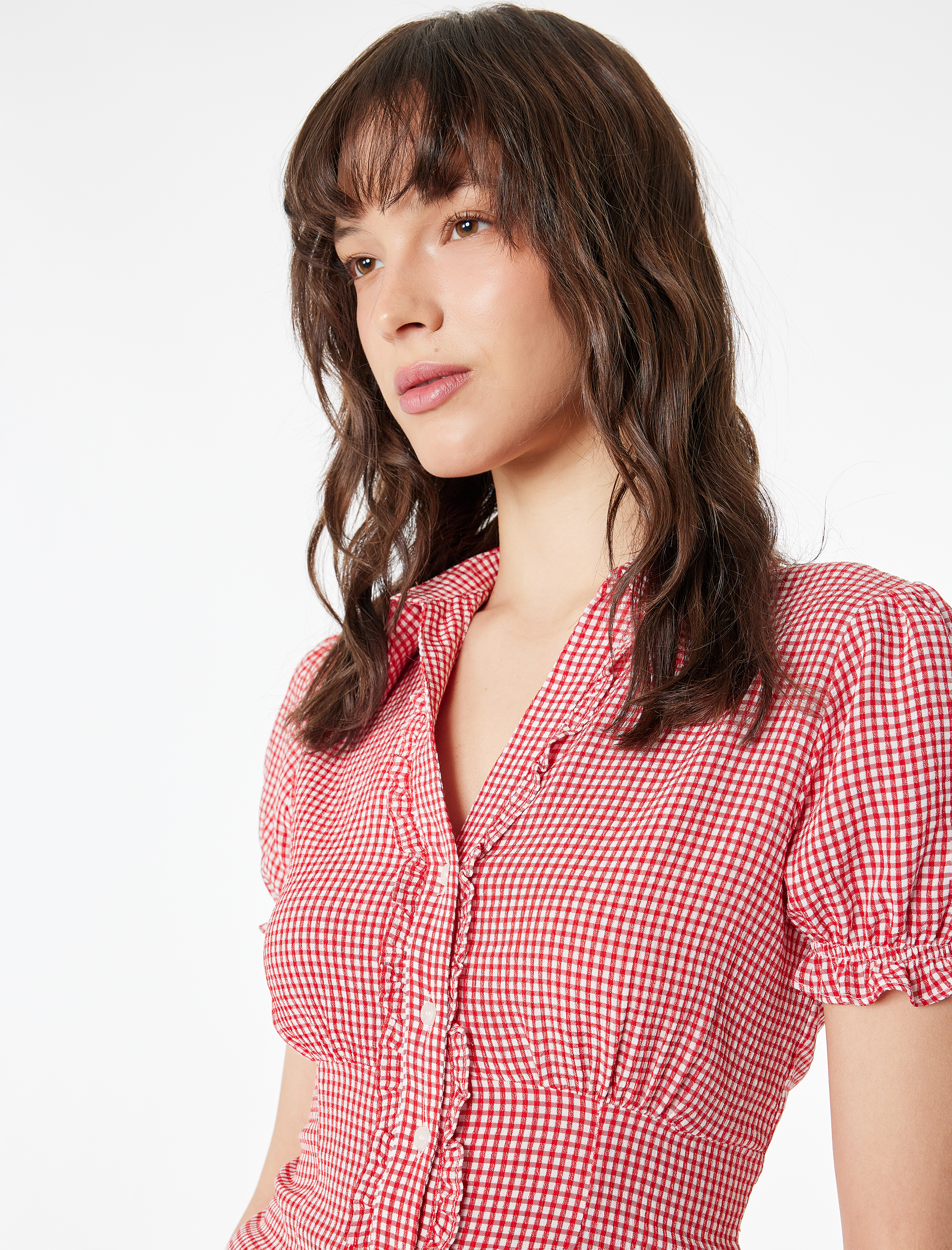 Slim Fit Kısa Balon Kollu Düğmeli Klasik Yaka Pötikareli Gömlek - Görsel 2