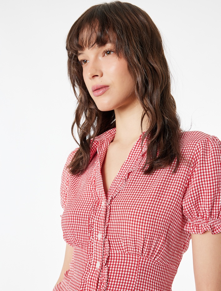  Slim Fit Kısa Balon Kollu Düğmeli Klasik Yaka Pötikareli Gömlek