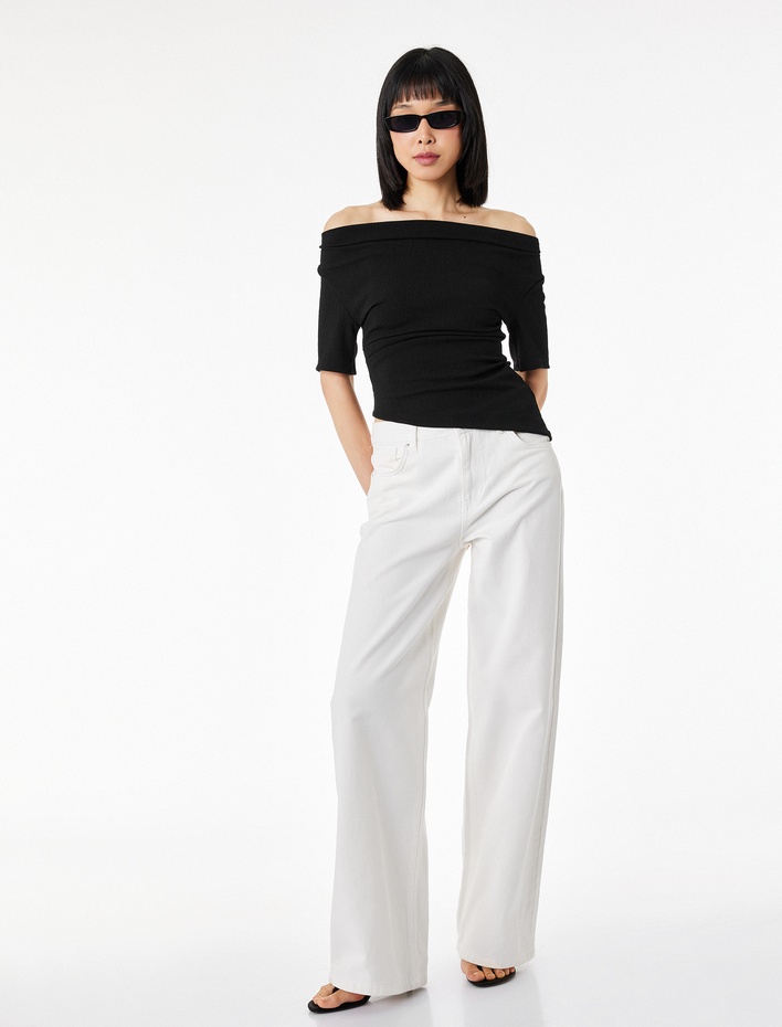  Krep Kumaş Slim Fit Kısa Kollu Degaje Yaka Asimetrik Tişört