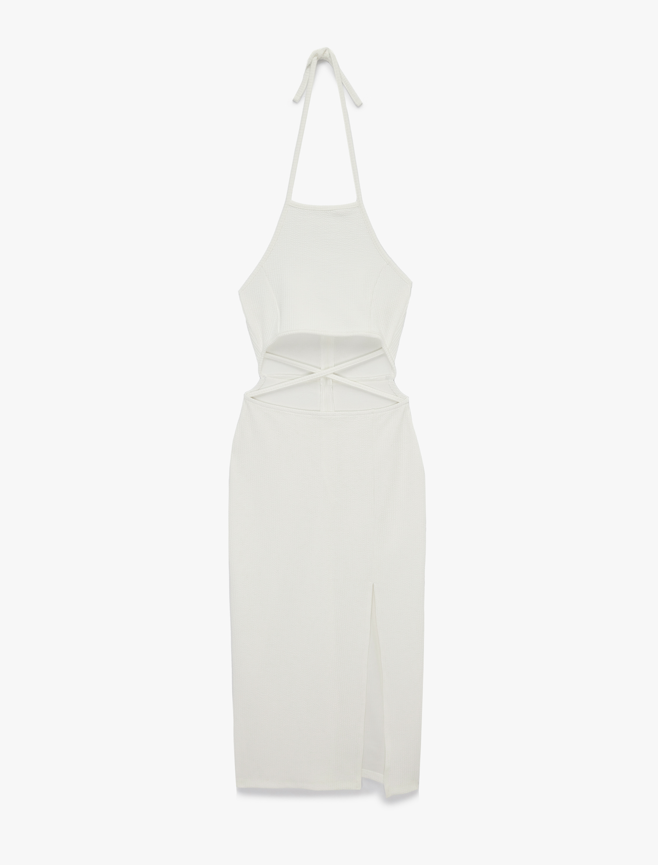   Slim Fit Kolsuz Pencere Detaylı Midi Halter Yaka Elbise