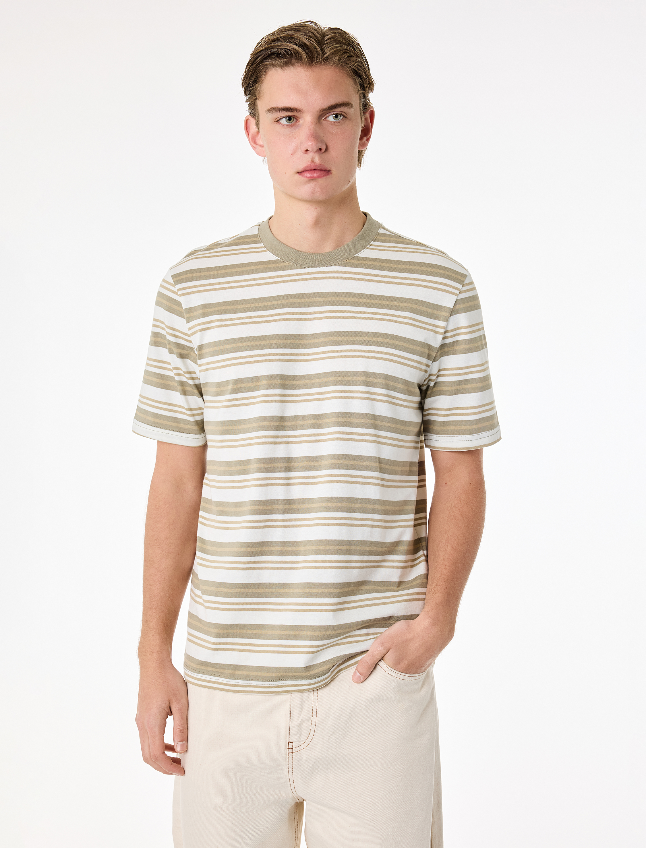 Regular Fit Kısa Kollu Bisiklet Yaka Pamuklu Çizgili Tişört - Görsel 2