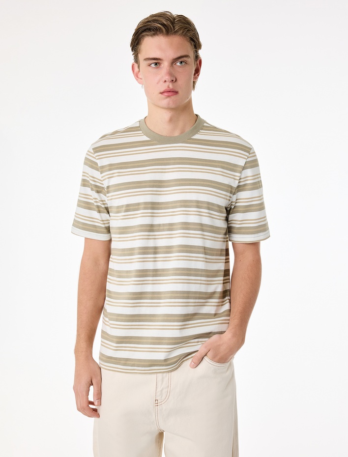  Regular Fit Kısa Kollu Bisiklet Yaka Pamuklu Çizgili Tişört