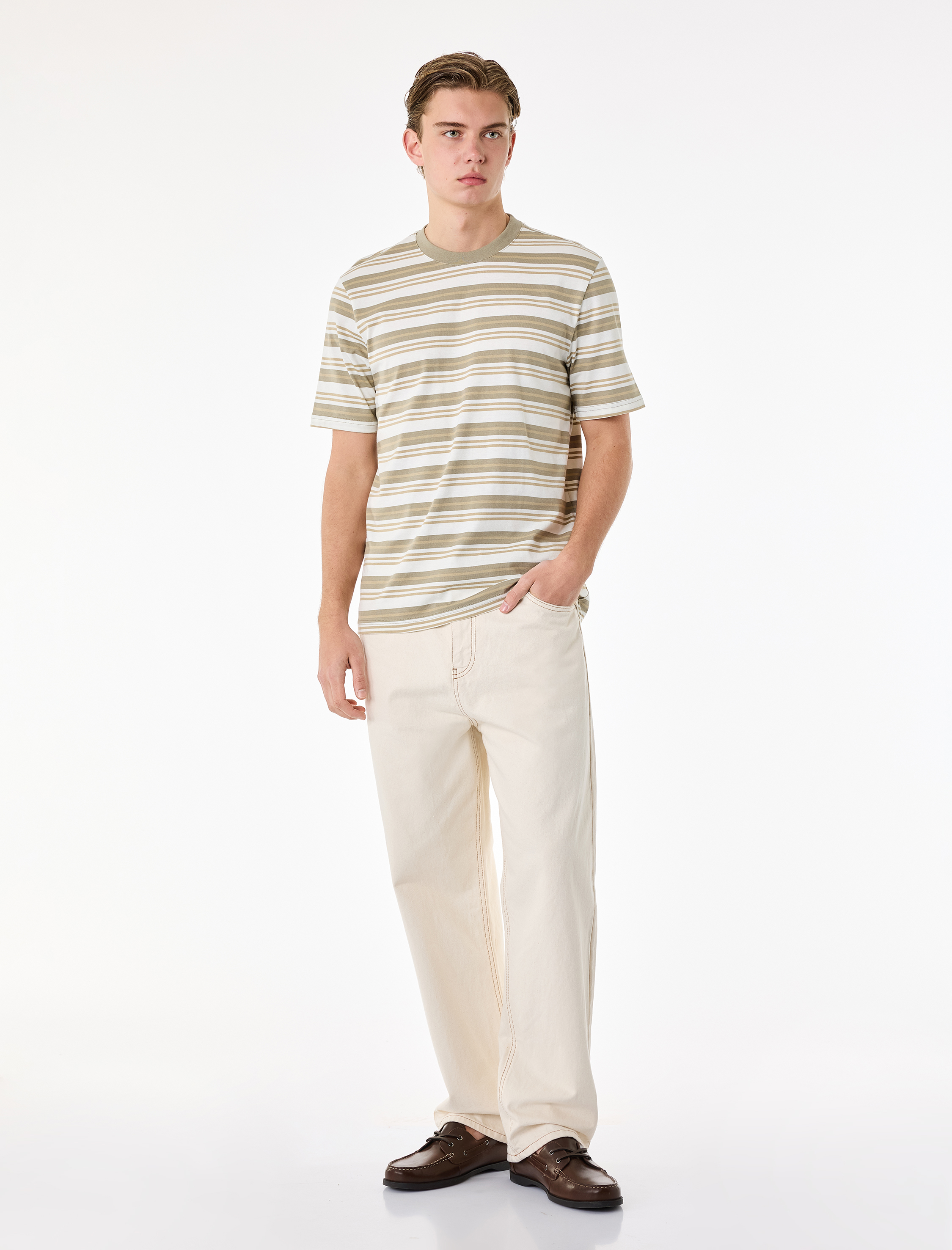 Regular Fit Kısa Kollu Bisiklet Yaka Pamuklu Çizgili Tişört