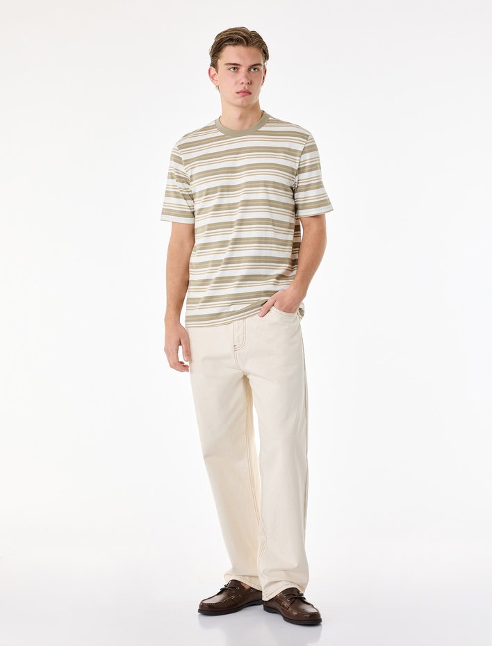  Regular Fit Kısa Kollu Bisiklet Yaka Pamuklu Çizgili Tişört