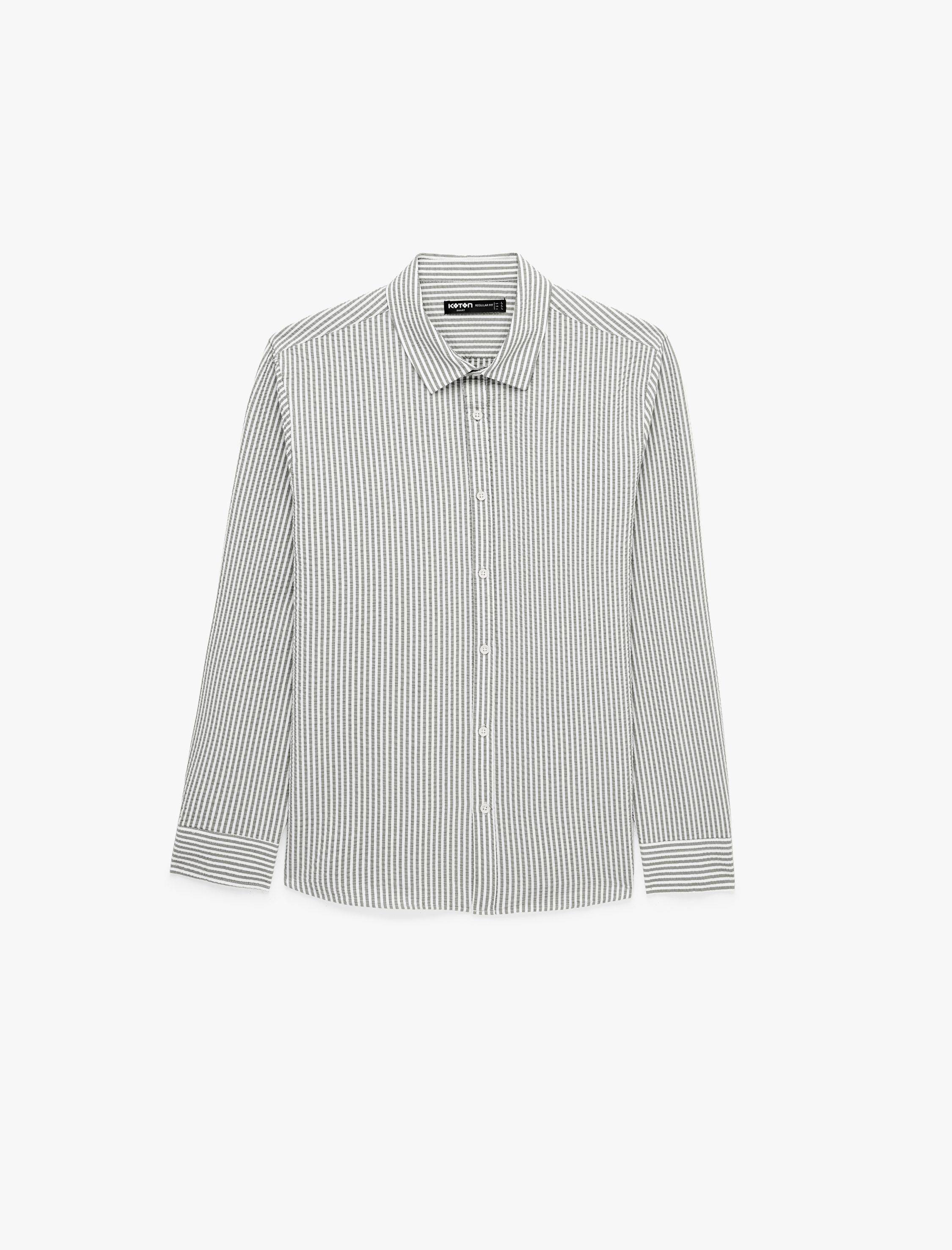 Regular Fit Viskon Karışımlı Düğmeli Gömlek Yaka Çizgili Uzun Kollu Gömlek - Görsel 3