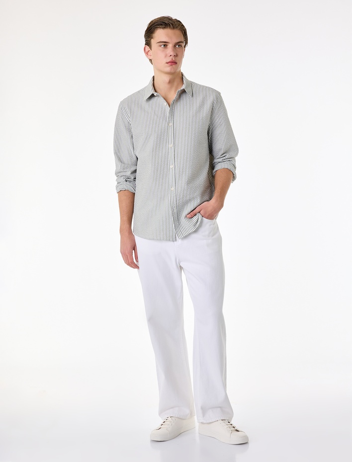  Regular Fit Viskon Karışımlı Düğmeli Gömlek Yaka Çizgili Uzun Kollu Gömlek