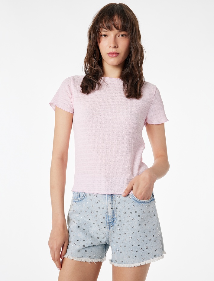  Viskon Karışımlı Kısa Kollu Bürümcük Kayık Yaka Tişört