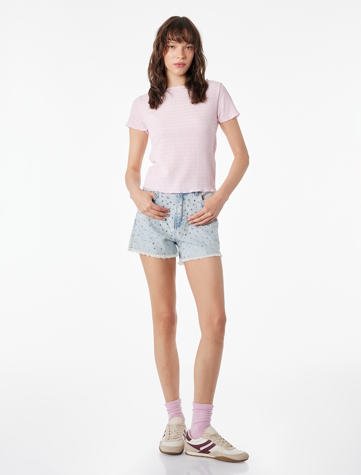  Viskon Karışımlı Kısa Kollu Bürümcük Kayık Yaka Tişört