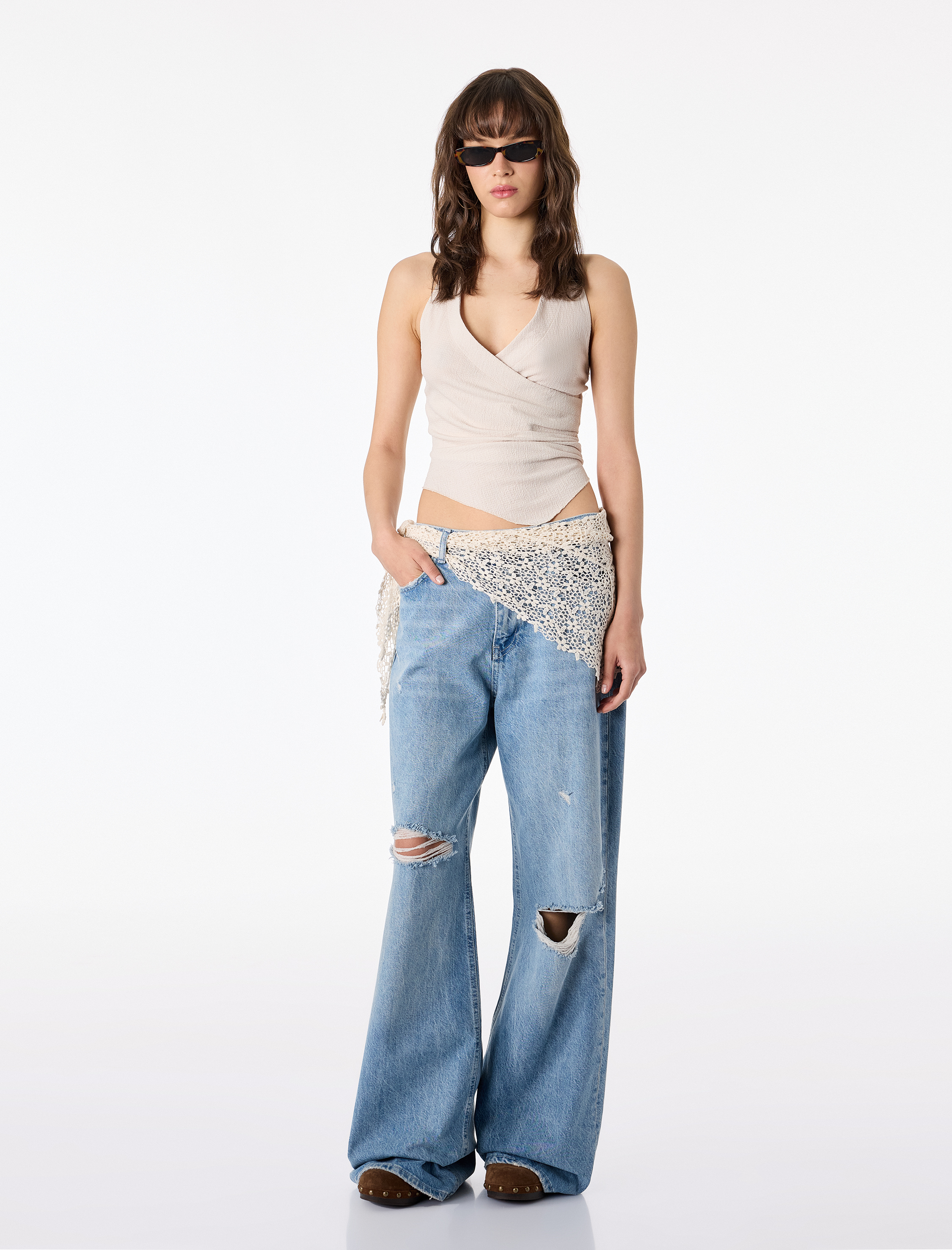  Yıpratılmış Dar Kesim Dantel Kemer Detaylı İspanyol Paça Denim Pantolon - Flare Jeans