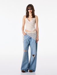Yıpratılmış Dar Kesim Dantel Kemer Detaylı İspanyol Paça Denim Pantolon - Flare Jeans