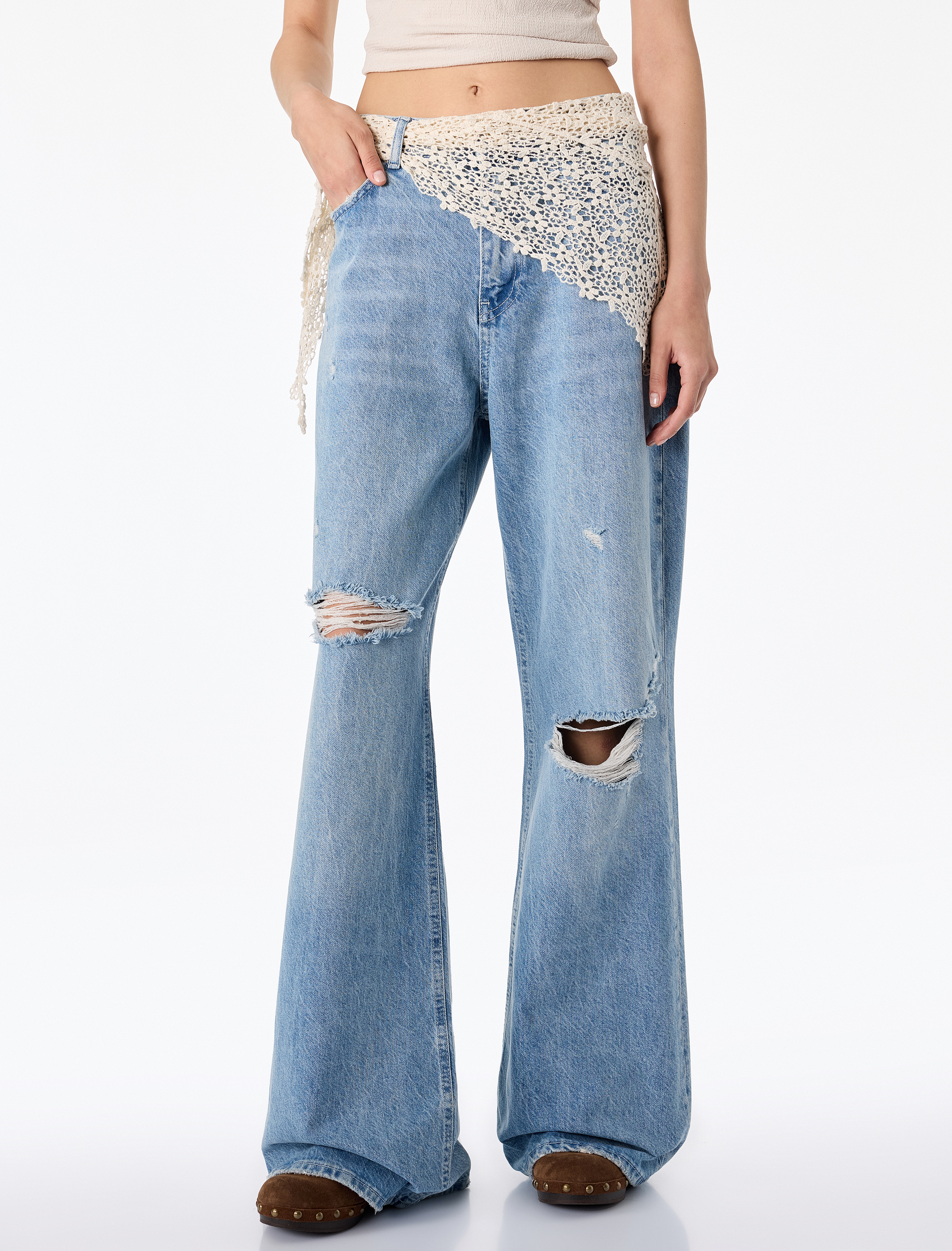   Yıpratılmış Dar Kesim Dantel Kemer Detaylı İspanyol Paça Denim Pantolon - Flare Jeans