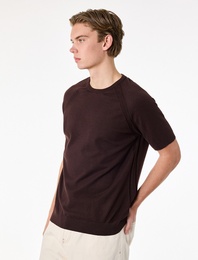 Regular Fit Viskon Karışımlı Örgü Detaylı Bisiklet Yaka Kısa Kollu Triko Tişört