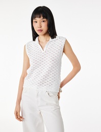 Boncuk İşlemeli Polo Yaka Pointelle Örgü Kolsuz Bluz