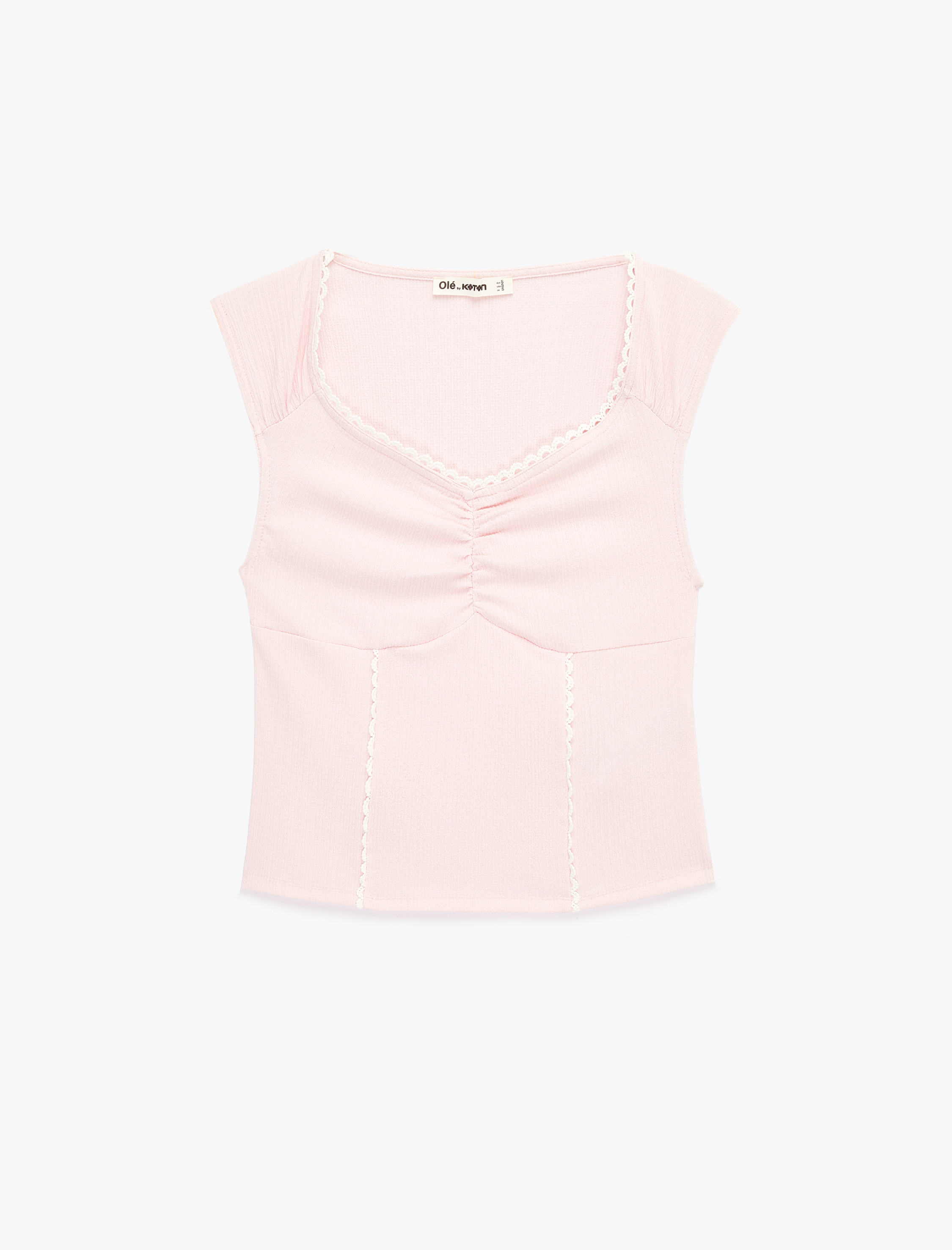   Dantel Detaylı Bürümcük Kısa Kollu Büzgülü V Yaka Bluz