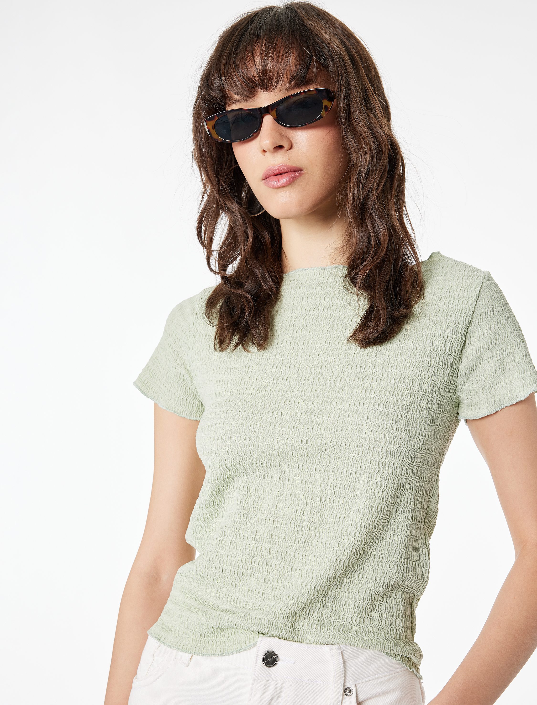   Viskon Karışımlı Kısa Kollu Bürümcük Kayık Yaka Tişört