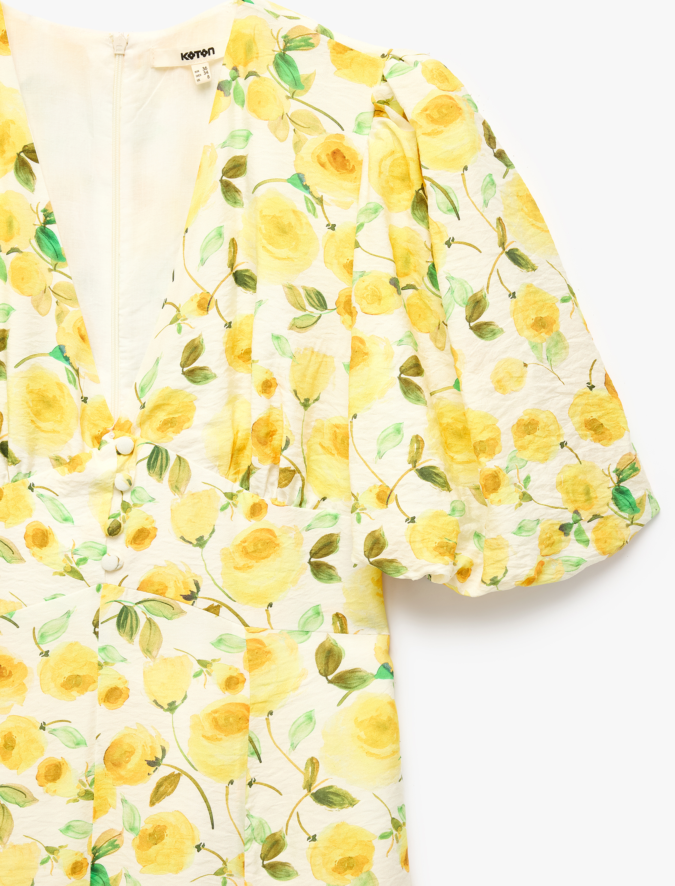   Viskon Kumaş Kısa Balon Kollu V Yaka Gül Baskılı Çiçekli Midi Boy Elbise