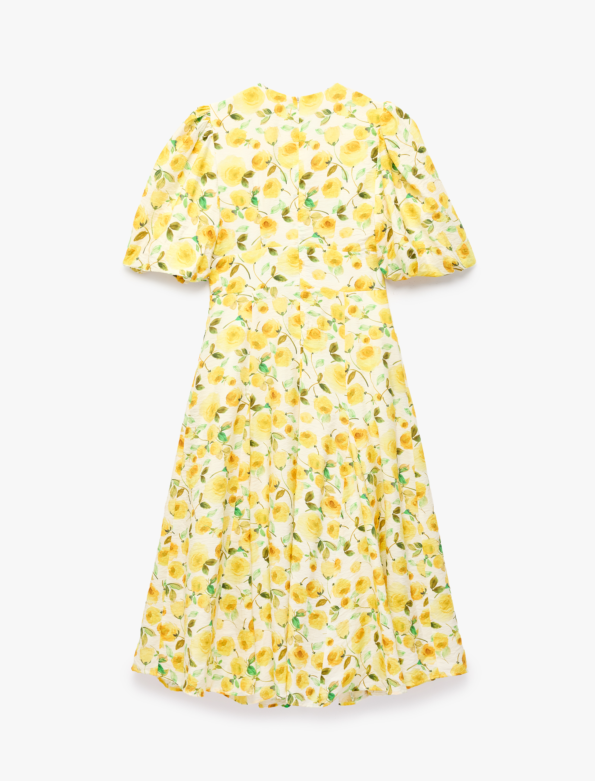   Viskon Kumaş Kısa Balon Kollu V Yaka Gül Baskılı Çiçekli Midi Boy Elbise