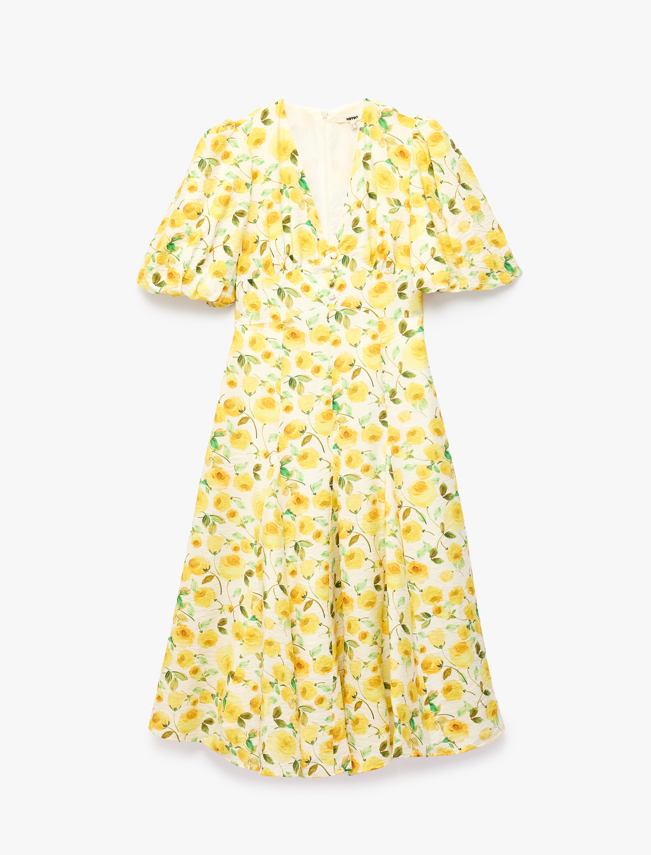   Viskon Kumaş Kısa Balon Kollu V Yaka Gül Baskılı Çiçekli Midi Boy Elbise