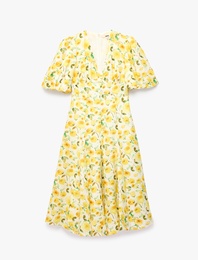 Viskon Kumaş Kısa Balon Kollu V Yaka Gül Baskılı Çiçekli Midi Boy Elbise